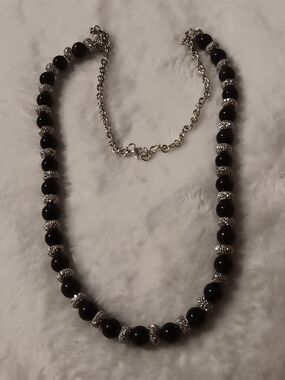 Classic Black Bead Necklace with Silver Accents